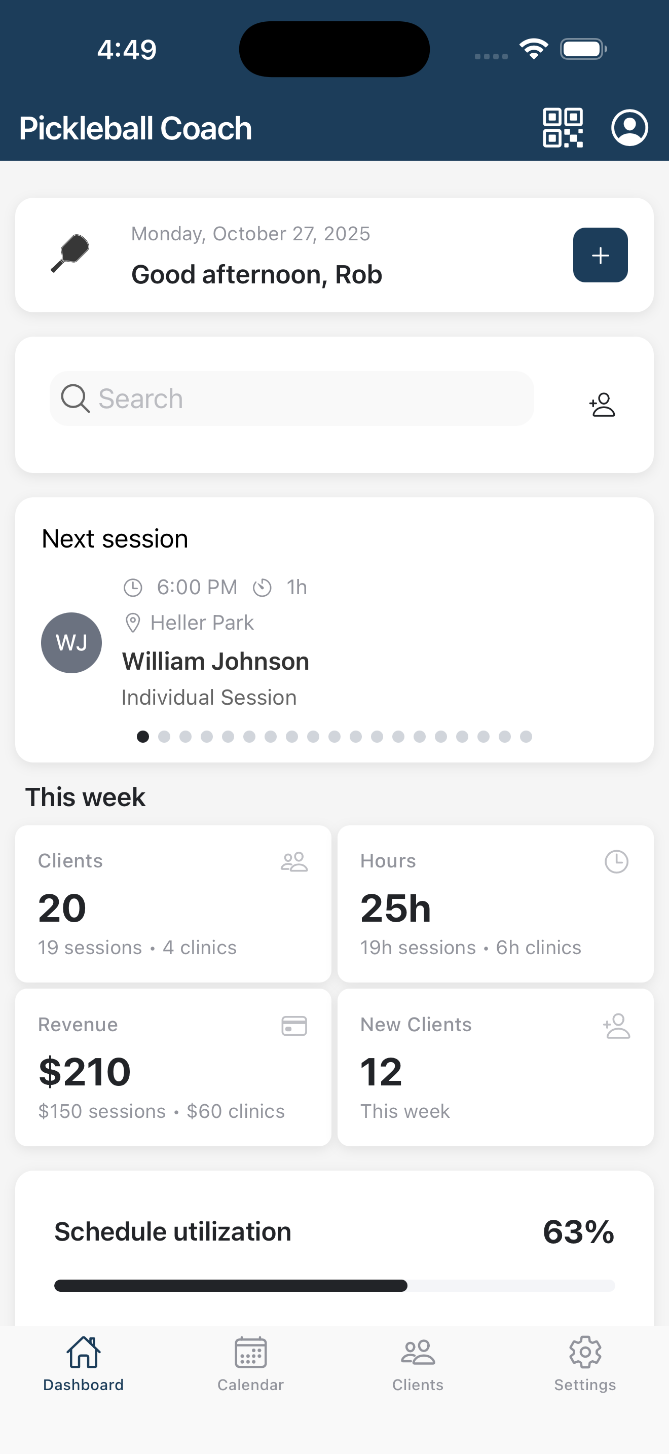 Pickleball Coach+ dashboard