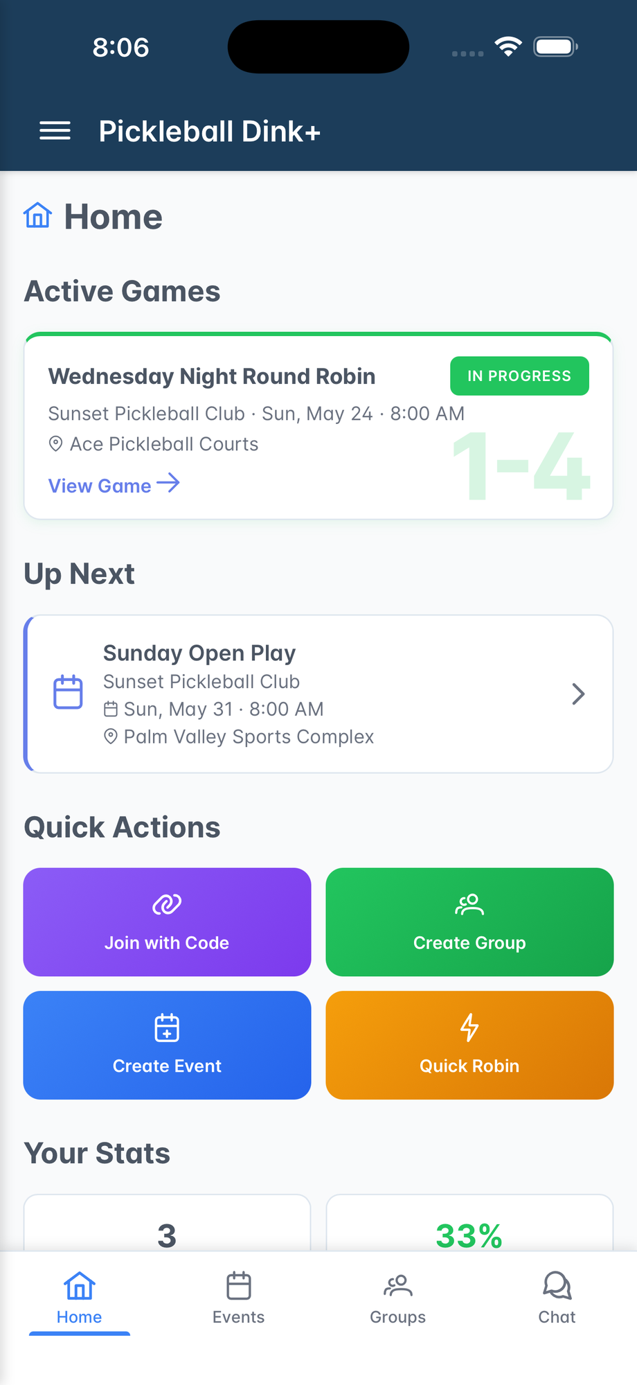 Dink+ active games dashboard