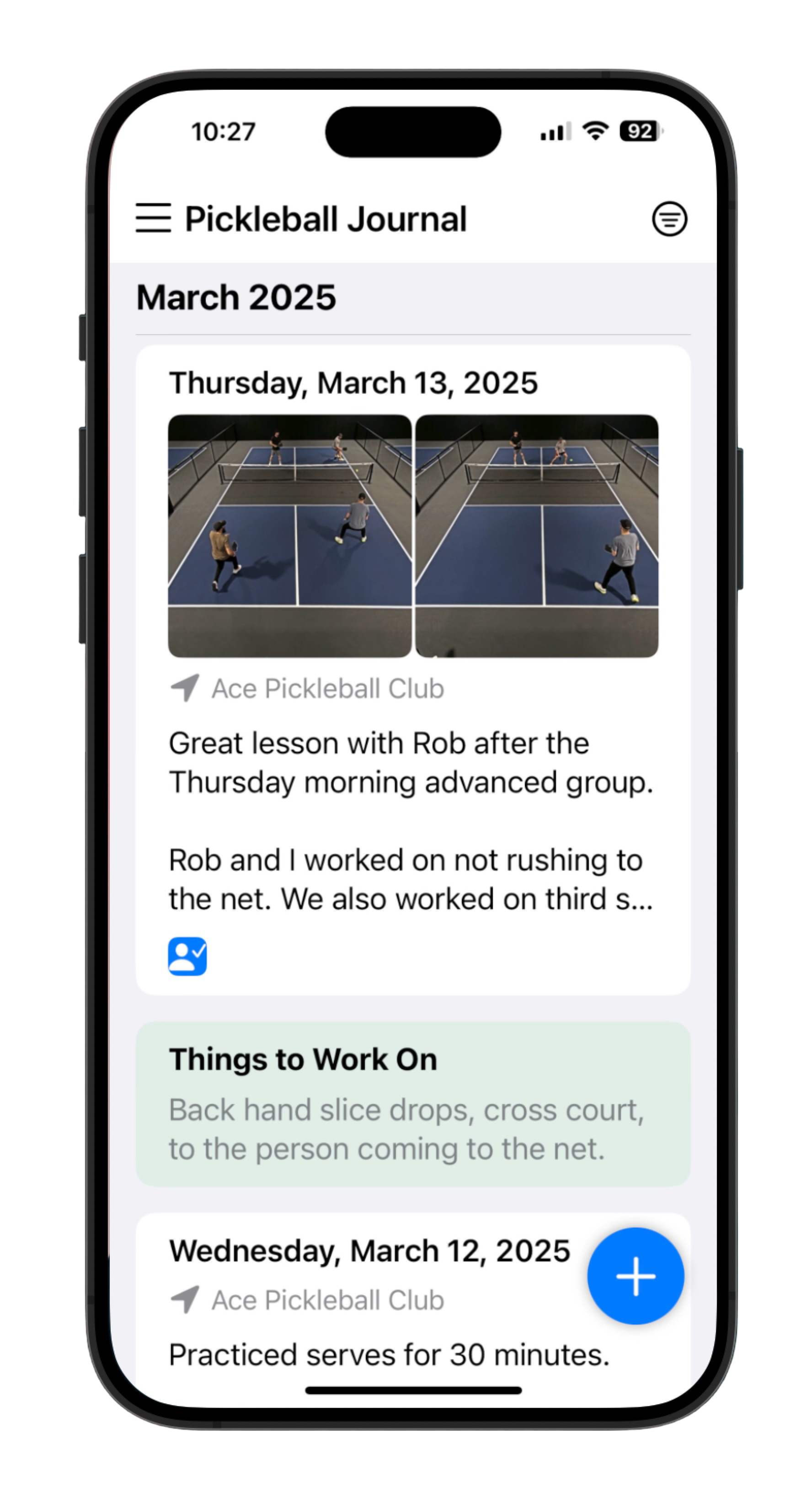 Pickleball Journal app dashboard